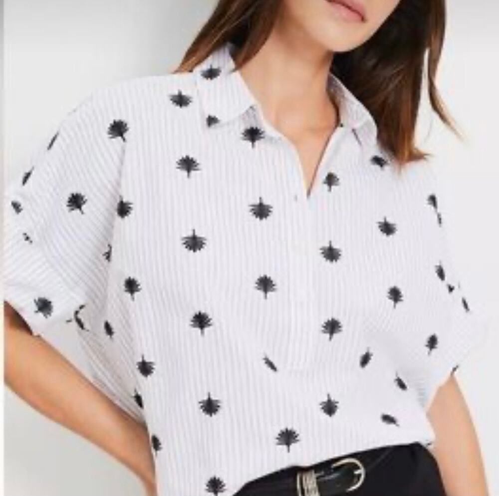 Loft Palm Tree Embroidered Pinstripe Button Up Top Petite LP